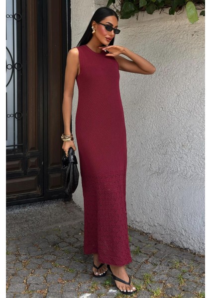 Kadın Bordo Kolsuz Örme Maxi Elbise fırsatları