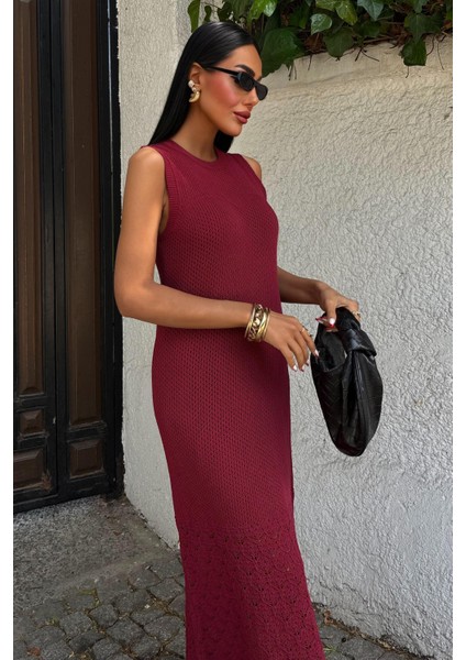 Kadın Bordo Kolsuz Örme Maxi Elbise indirimleri