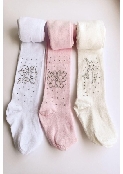 Kız Çocuk Karışık Renk 3'lü Pamuklu Taşlı Külotlu Çorap