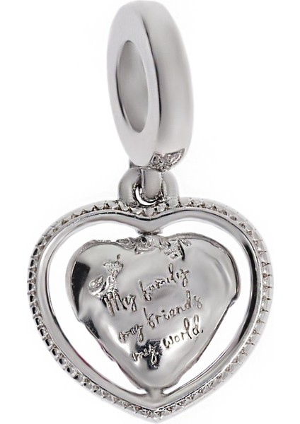 Kadın '' Ailem Arkadaşlarım Benim Dünyam'' Yazılı Kalbin Içinde Renkli Dünya Model Gümüş Charm fiyatları