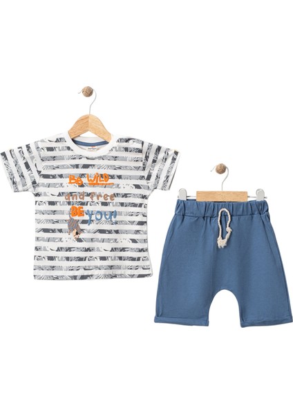 Kabartma Baskılı Şortlu Takım Mavi