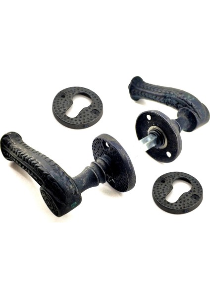 Antika Tarz Dekoratif Pirinç Rozetli Oda Kapı Kolu - 49 Mm, Oksit