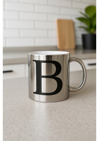 B Harfli Yazı Baskılı Gümüş Renk Büyük Boy Kupa Bardak