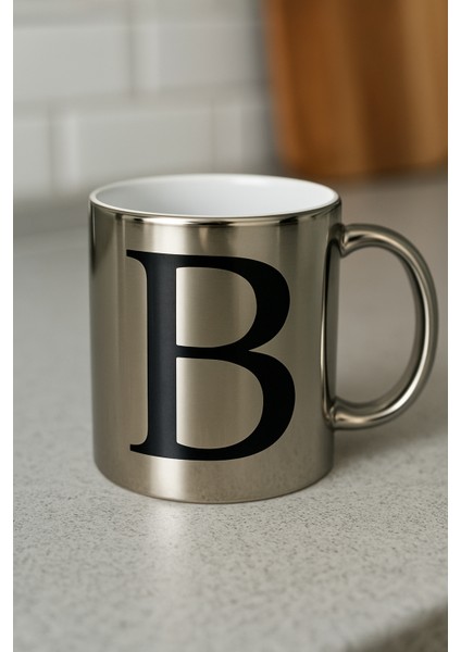 B Harfli Yazı Baskılı Gümüş Renk Büyük Boy Kupa Bardak fiyatları