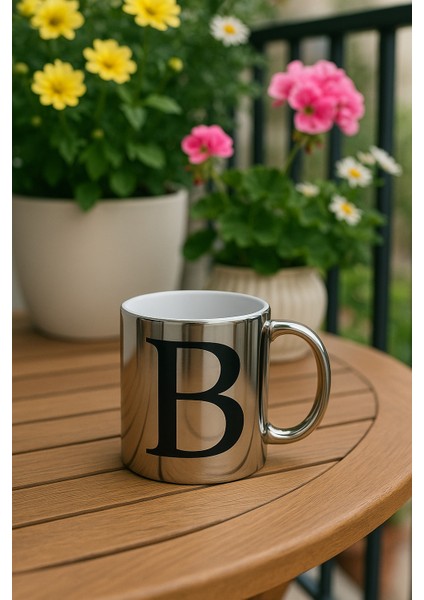 B Harfli Yazı Baskılı Gümüş Renk Büyük Boy Kupa Bardak modelleri