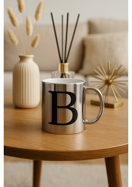 B Harfli Yazı Baskılı Gümüş Renk Büyük Boy Kupa Bardak