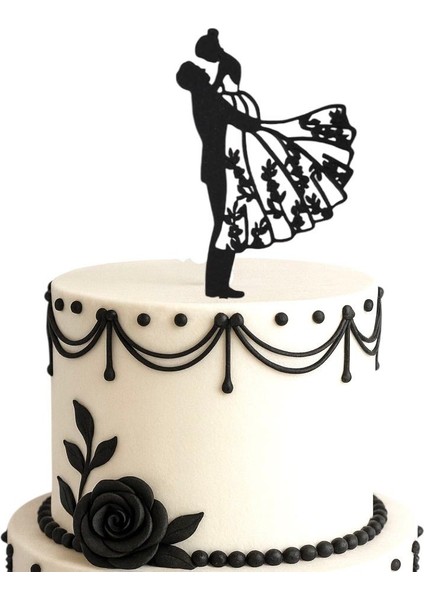 Siyah Gelin Damat Silüet Pasta Süsü