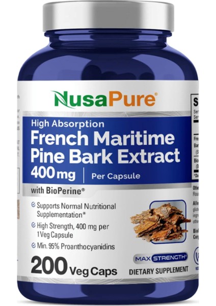 French Maritime Pine Bark Extract 400 mg Per 200 Veggie Capsul Supply Bioperine Non-Gmo.abd