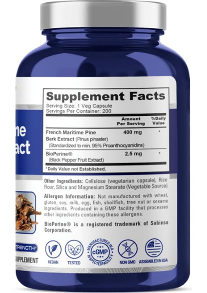 French Maritime Pine Bark Extract 400 mg Per 200 Veggie Capsul Supply Bioperine Non-Gmo.abd fiyatları