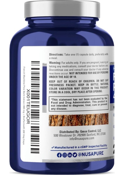 French Maritime Pine Bark Extract 400 mg Per 200 Veggie Capsul Supply Bioperine Non-Gmo.abd modelleri