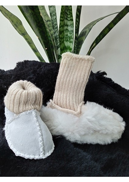 Bebek Unisex Organik Kuzu Derisi Ilk Adım Ayakkabısı Çoraplı Panduf Patik Buz Mavisi Süet