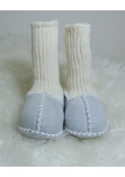 Bebek Unisex Organik Kuzu Derisi Ilk Adım Ayakkabısı Çoraplı Panduf Patik Buz Mavisi Süet fiyatları