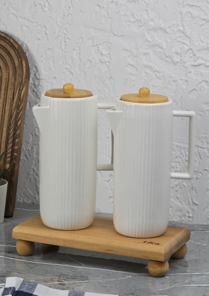 Porselen Yağdanlık Seti - Ahşap Stantlı 2X600 ml