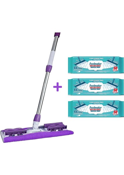 Mandallı Sihirli Mop Takımı + 3 Adet Freshmaker 50'li Mop Uyumlu Yer Temizlik Havlusu - Set