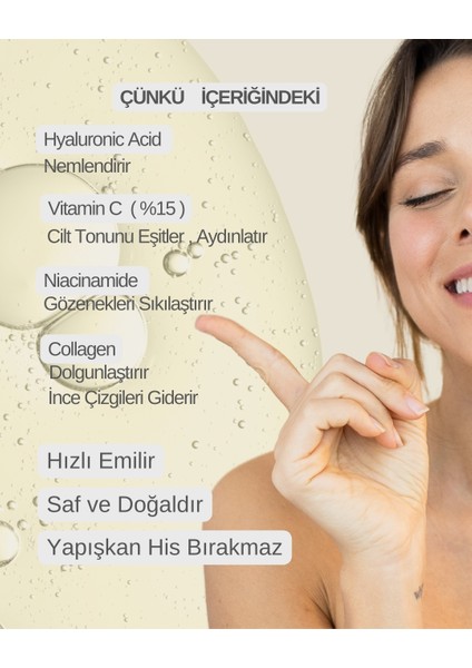 %15 Saf C Vitamini, Canlandırıcı, Leke Önleyici, Işıltı Veren, İnce Çizgilerde Etkili ( Alpha Arbutin, Collagen ve Allantoin ile Zenginleştirilmiş Formül)