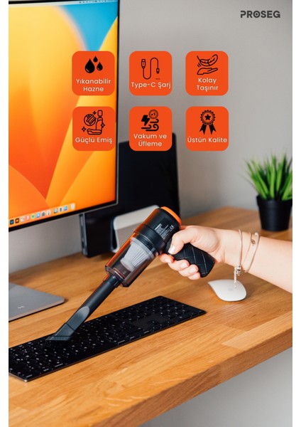 Mini Araç Süpürgesi El Süpürgesi Şarjlı Vakumlu Type C Şarjlı Çok Fonksiyonlu 3000 Pa