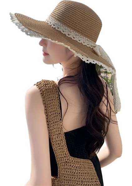 Ilkbahar ve Yaz Deniz Kenarı Plaj Şapkası Dokuma Güneş Koruma Güneş Şapkası Büyük Siperlik Yüz Küçük Dantel Hasır Şapka Kadın Trendi (Yurt Dışından)