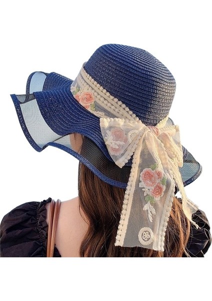 Kadınlar Için Yeni Stil Çiçek Kurdele Güneş Şapkası Deniz Kenarı Tatili Tatlı Dantel Güneş Şapkası Yaz Büyük Siperlikli Hasır Şapka (Yurt Dışından)