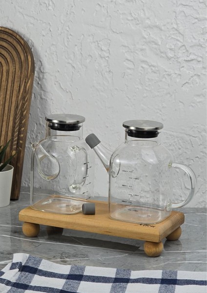 Cam Yağdanlık Seti - Ahşap Stant - 2X550 ml