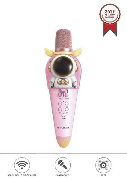 KIDMIC01 Pembe Astronot Figürlü Şarjlı Bt Karaoke Mikrofon ve Hoparlör 5W Kablosuz Mikrofon