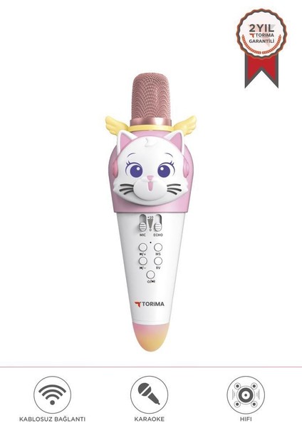 KIDMIC02 Beyaz Kedi Figürlü Şarjlı Bt Karaoke Mikrofon ve Hoparlör 5W Kablosuz Mikrofon