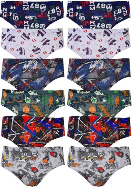 12LI Erkek Çocuk Renkli Desen Baskılı Slip Külot