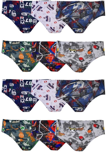 12LI Erkek Çocuk Renkli Desen Baskılı Slip Külot modelleri