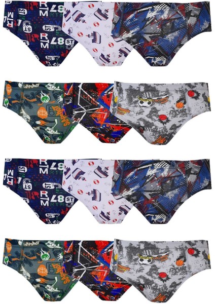 12LI Erkek Çocuk Renkli Desen Baskılı Slip Külot Iç Çamaşırı