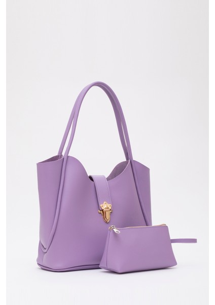 Lila SHK126 Suni Deri Kilit Detaylı Makyaj Çantalı El,kol ve Omuz Çantası