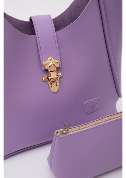 Lila SHK126 Suni Deri Kilit Detaylı Makyaj Çantalı El,kol ve Omuz Çantası