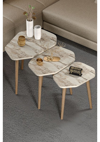 Zigon Sehpa 3'lü Set Ahşap Ayaklı Suntalam Yüzeyli Modern Tasarım 60 cm