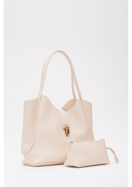 Krem SHK126 Suni Deri Kilit Detaylı Makyaj Çantalı El,kol ve Omuz Çantası