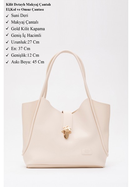 Krem SHK126 Suni Deri Kilit Detaylı Makyaj Çantalı El,kol ve Omuz Çantası modelleri