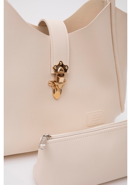 Krem SHK126 Suni Deri Kilit Detaylı Makyaj Çantalı El,kol ve Omuz Çantası