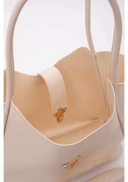 Krem SHK126 Suni Deri Kilit Detaylı Makyaj Çantalı El,kol ve Omuz Çantası