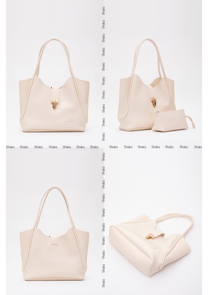 Krem SHK126 Suni Deri Kilit Detaylı Makyaj Çantalı El,kol ve Omuz Çantası