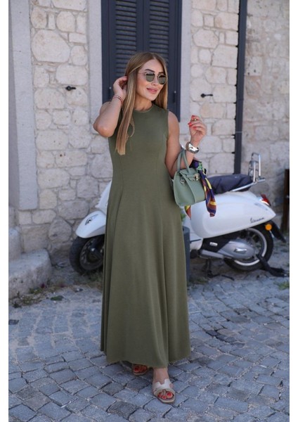 Mottisfashion Kadın Sıfır Kollu Bisiklet Yaka Viskon Elbise