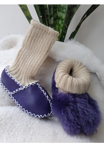 Bebek Unisex Organik Kuzu Derisi Ilk Adım Ayakkabısı Çoraplı Panduf Patik Buz Mor