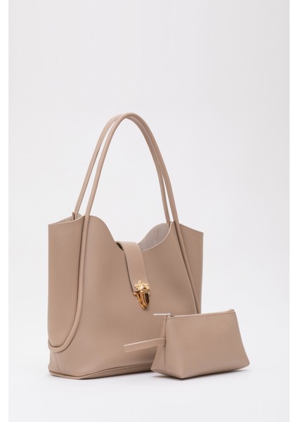 Vizon SHK126 Suni Deri Kilit Detaylı Makyaj Çantalı El,kol ve Omuz Çantası