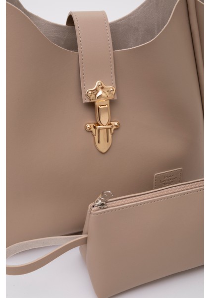 Vizon SHK126 Suni Deri Kilit Detaylı Makyaj Çantalı El,kol ve Omuz Çantası