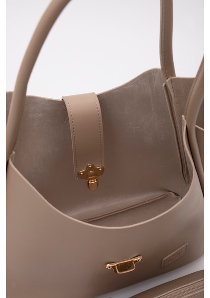 Vizon SHK126 Suni Deri Kilit Detaylı Makyaj Çantalı El,kol ve Omuz Çantası