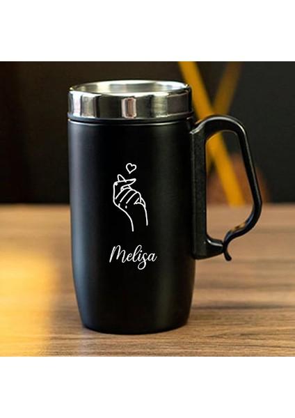 240 ml Kulplu Paslanmaz Çelik El Kalp Baskılı Termos Bardak - Isı Yalıtımlı Kahve Kupası