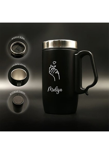 240 ml Kulplu Paslanmaz Çelik El Kalp Baskılı Termos Bardak - Isı Yalıtımlı Kahve Kupası fiyatları