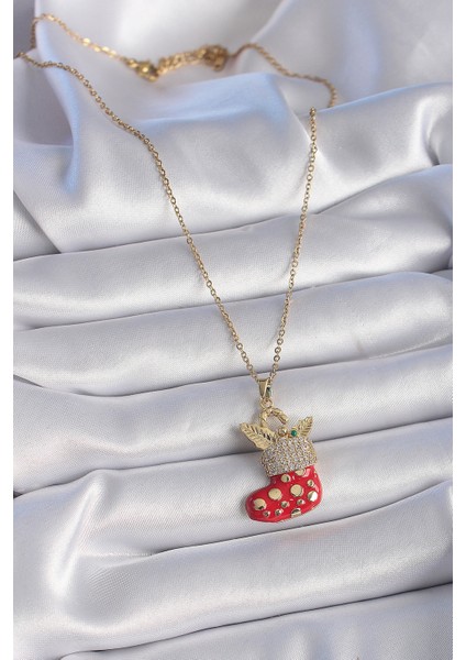 316L Çelik Gold Renk Zincir Zirkon Taşlı Kırmızı Yılbaşı Çorabı Figür Yaprak Detay Kadın Kolye - TJ-BKO9440 fiyatları