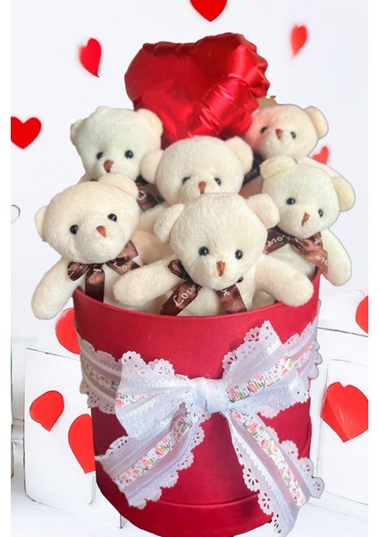 Premium Silindir Hediye Kutusunda, Kalpli Balonlu 6’lı Beyaz Ayıcık Buketi fiyatları