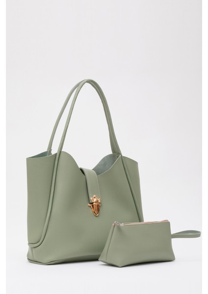 Mint Yeşil SHK126 Suni Deri Kilit Detaylı Makyaj Çantalı El,kol ve Omuz Çantası