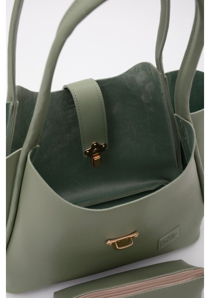 Mint Yeşil SHK126 Suni Deri Kilit Detaylı Makyaj Çantalı El,kol ve Omuz Çantası