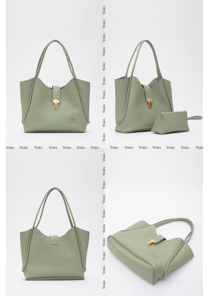 Mint Yeşil SHK126 Suni Deri Kilit Detaylı Makyaj Çantalı El,kol ve Omuz Çantası