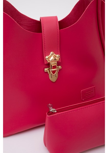 Fuşya SHK126 Suni Deri Kilit Detaylı Makyaj Çantalı El,kol ve Omuz Çantası