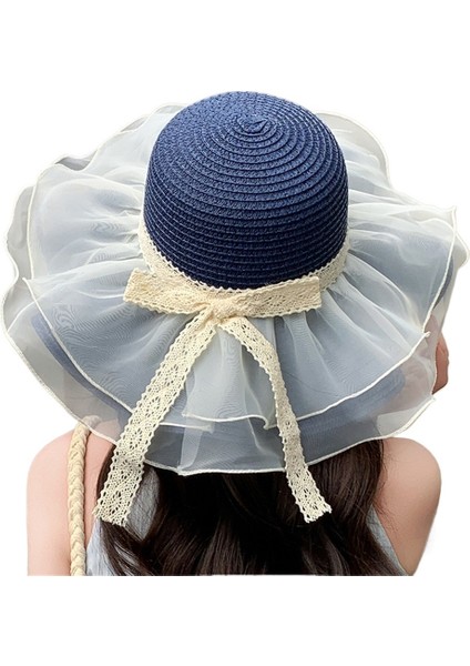 Yeni Düz Renk File Güneş Şapkası Açık Deniz Tatili Güneş Şapkası Dantel Kurdele Hasır Şapka Kadınlar Için Güneş Şapkası (Yurt Dışından)